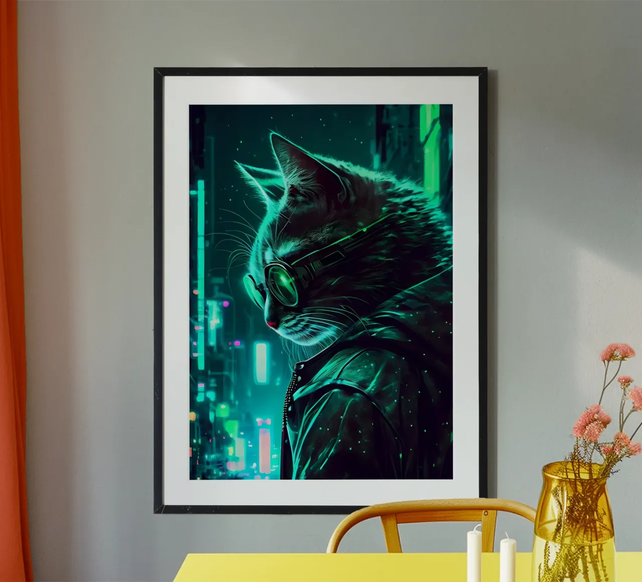 gatto urbano neon cyber occhiali giacca felino cityscape moderno poster con telaio in legno da Ashish Kashyap