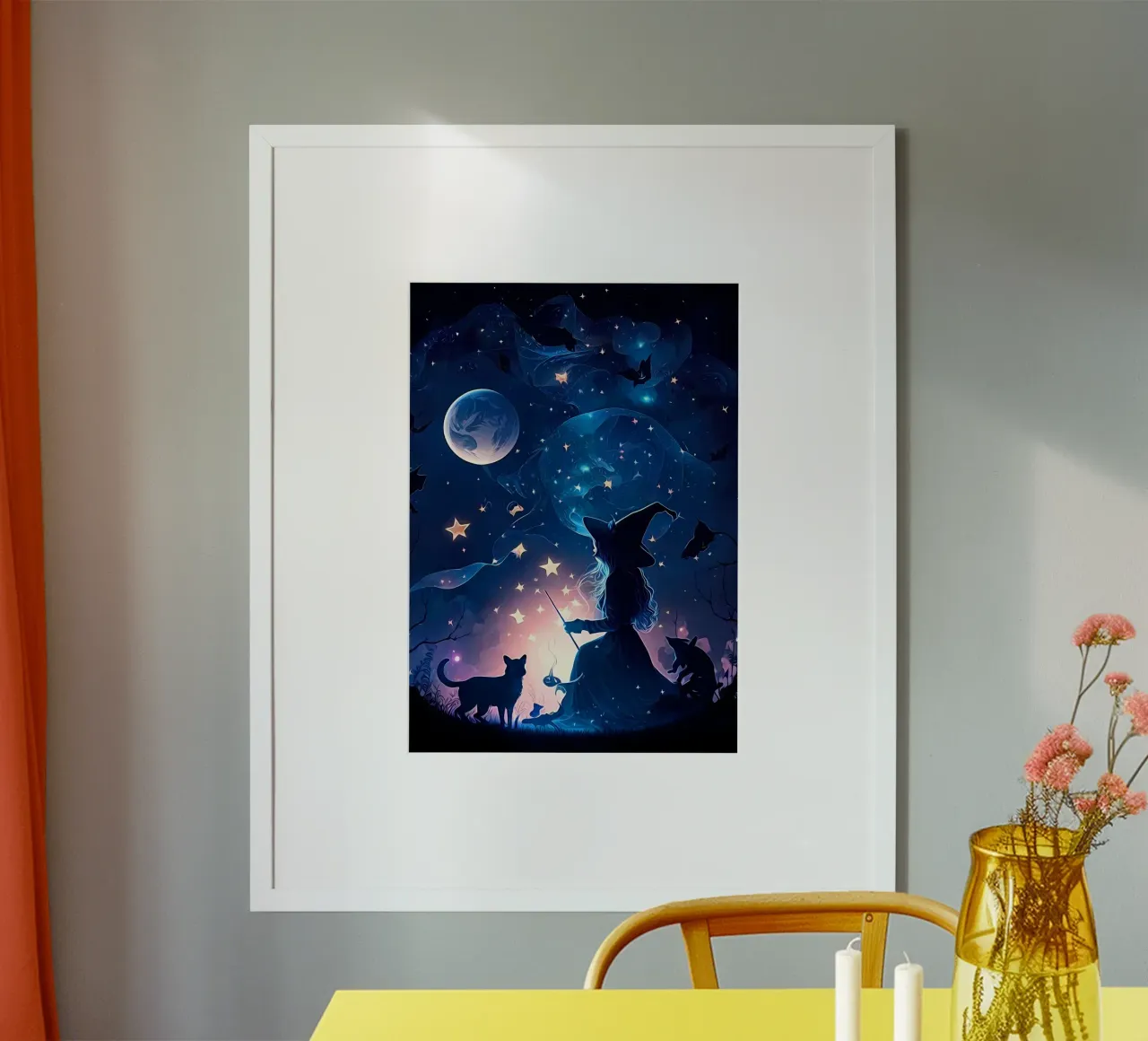 sorcière lune chauve-souris chat étoiles silhouette magie ciel étoilé nuit w poster avec cadre en aluminium de Ashish Kashyap