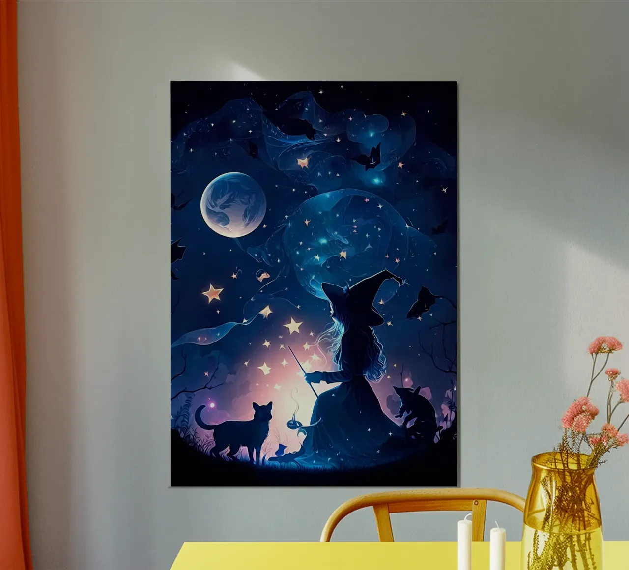 sorcière lune chauve-souris chat étoiles silhouette magie ciel étoilé nuit w poster avec cadre en aluminium de Ashish Kashyap