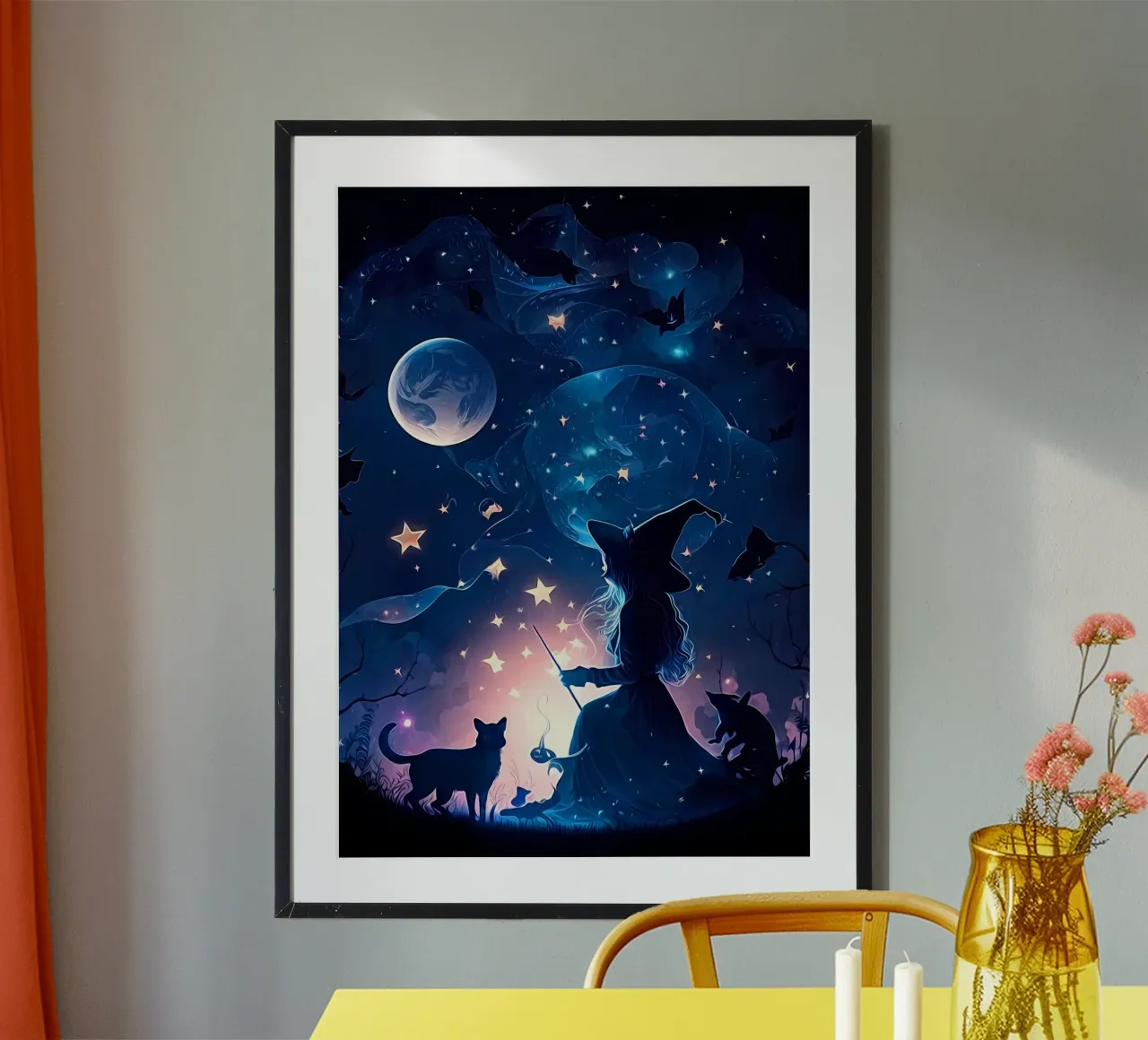 sorcière lune chauve-souris chat étoiles silhouette magie ciel étoilé nuit w poster avec cadre en aluminium de Ashish Kashyap