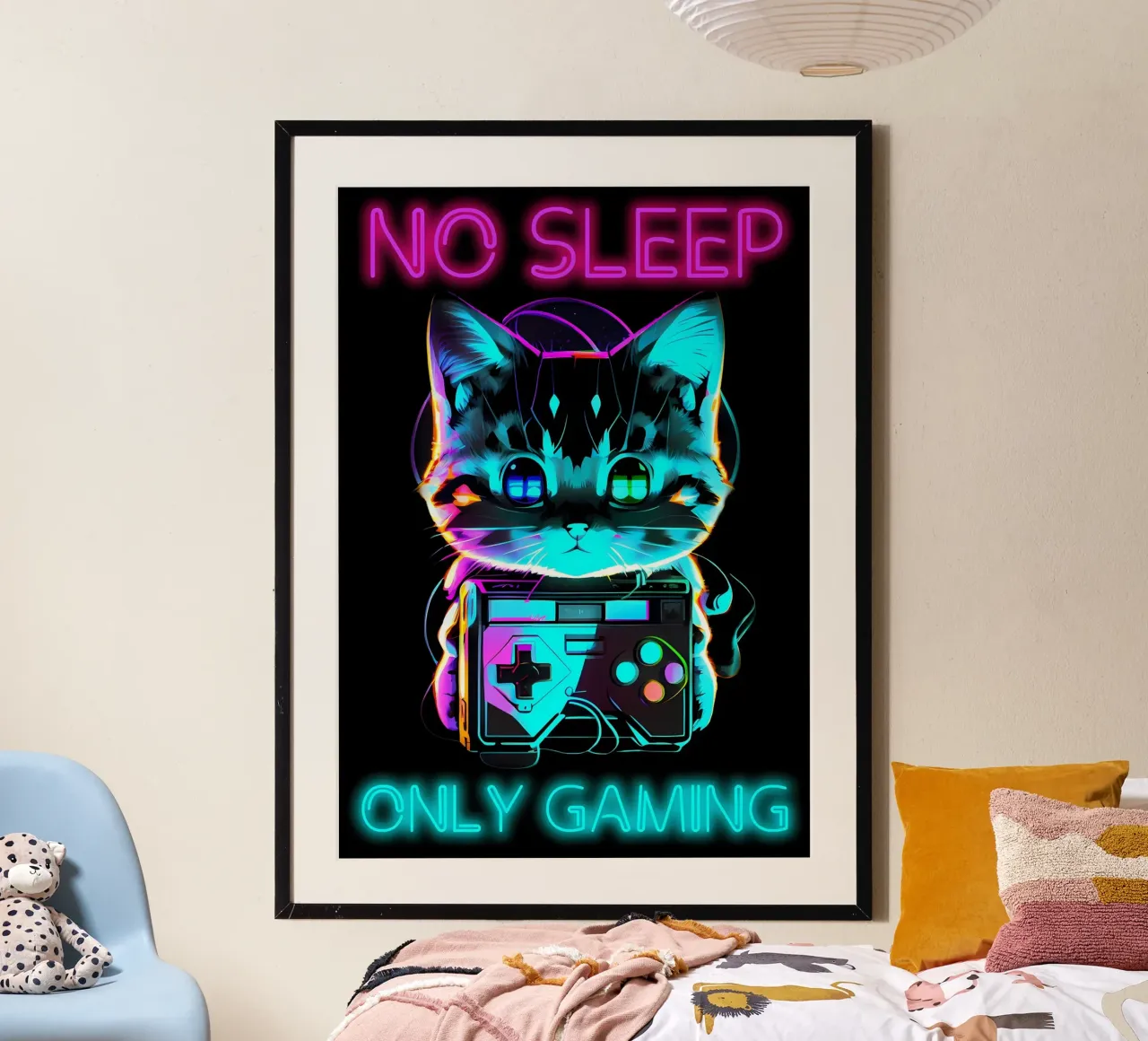 gatto console di gioco controller per videogiochi no sleep gaming neo poster da Demetrius Parker
