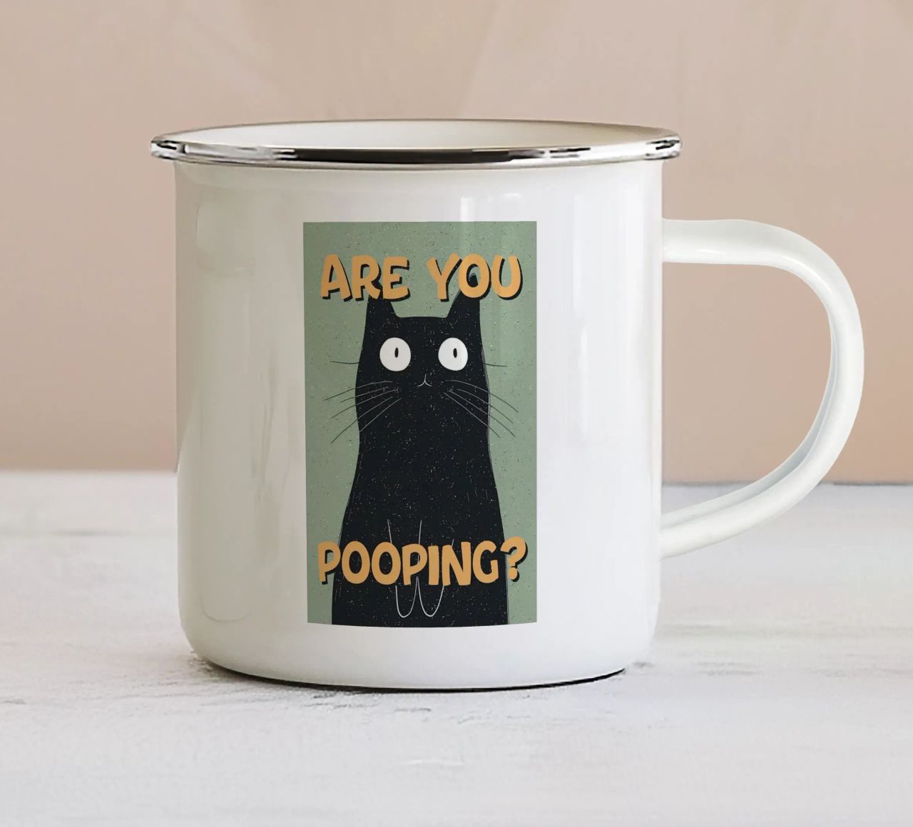 testo gatto occhi baffi orecchie coda gatto nero sfondo verde tazza in smalto da Amy Lateur