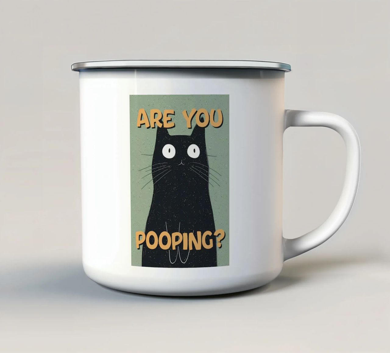 testo gatto occhi baffi orecchie coda gatto nero sfondo verde tazza in smalto da Amy Lateur