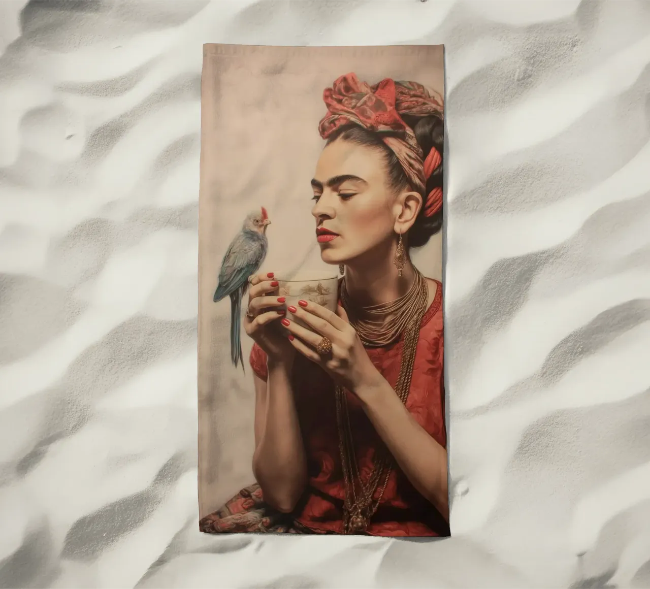 L'amore per gli uccelli con Frida telo mare da Carinaprint