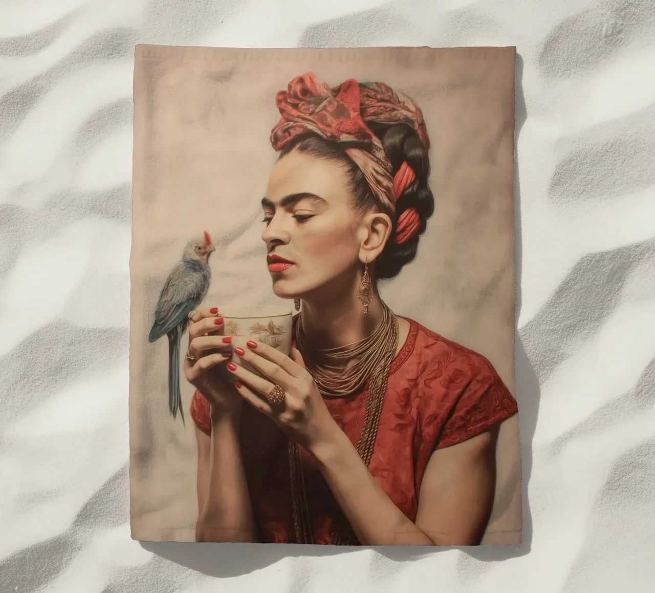 L'amore per gli uccelli con Frida telo mare da Carinaprint