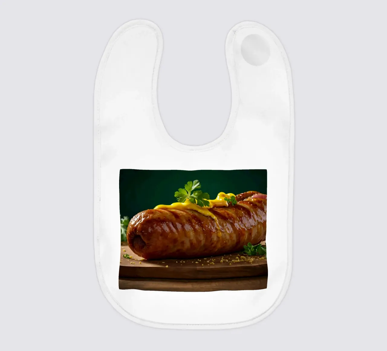 Una salsiccia succulenta condita con senape ed erbe aromatiche bavaglino da DesignDoodle