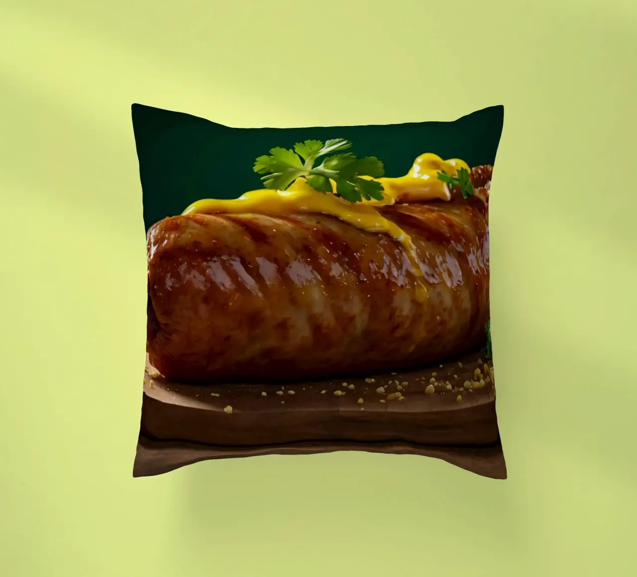 Una salsiccia succulenta condita con senape ed erbe aromatiche cuscino da DesignDoodle