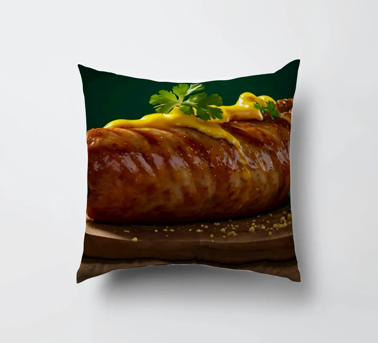 Una salsiccia succulenta condita con senape ed erbe aromatiche cuscino da DesignDoodle