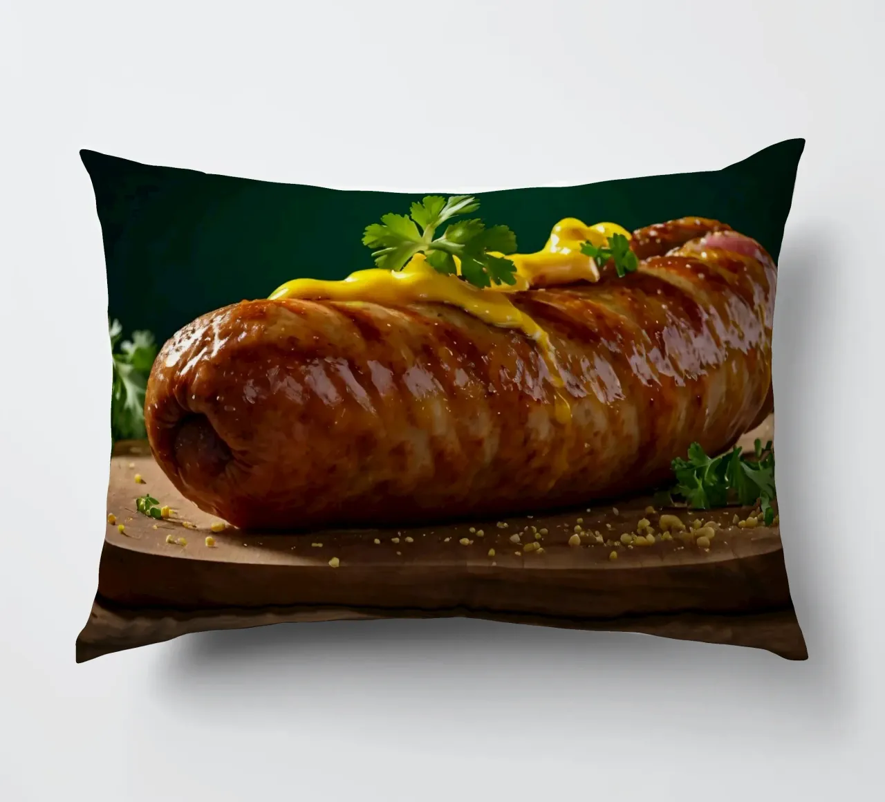 Una salsiccia succulenta condita con senape ed erbe aromatiche cuscino da DesignDoodle