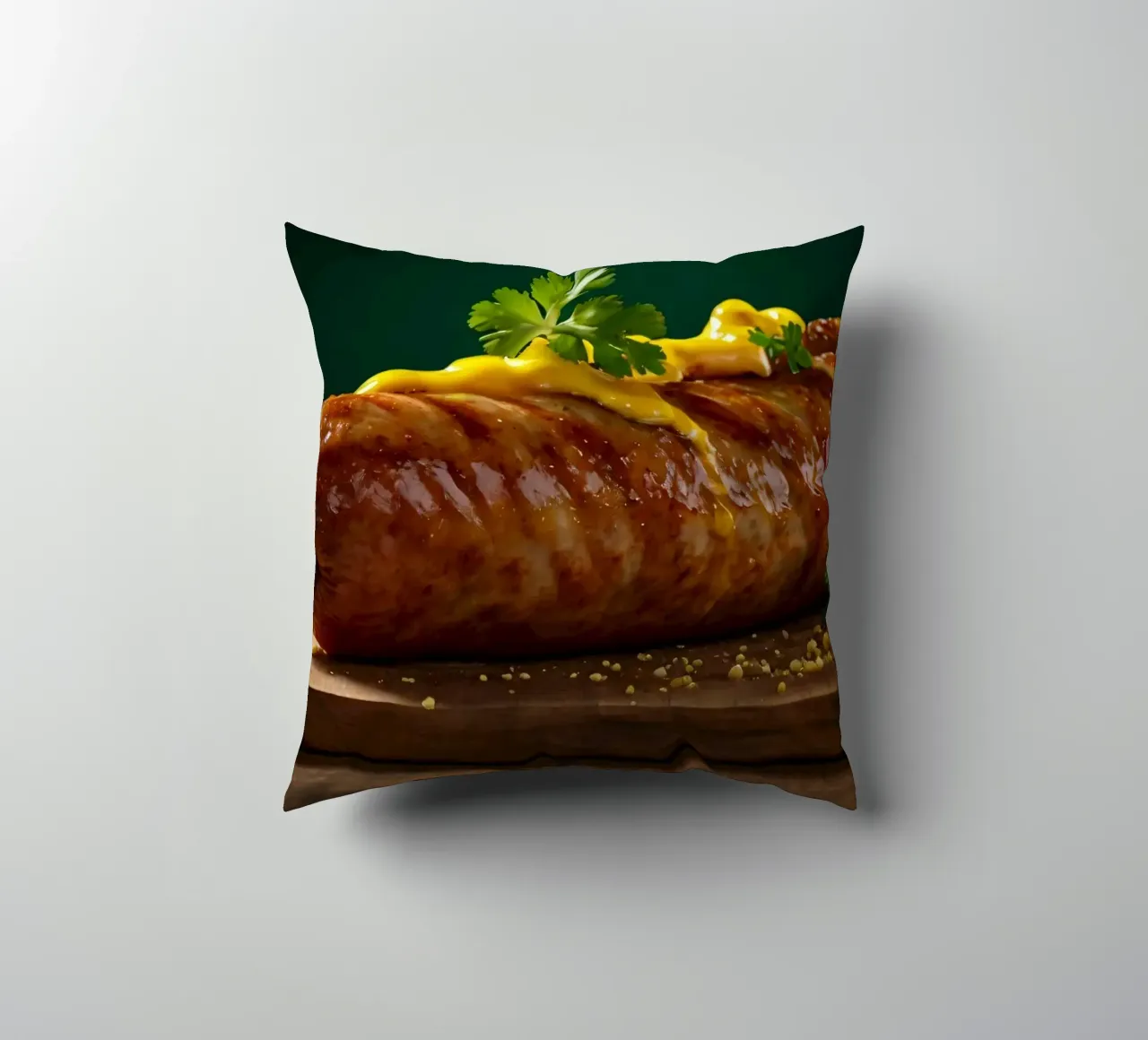 Una salsiccia succulenta condita con senape ed erbe aromatiche cuscino da DesignDoodle