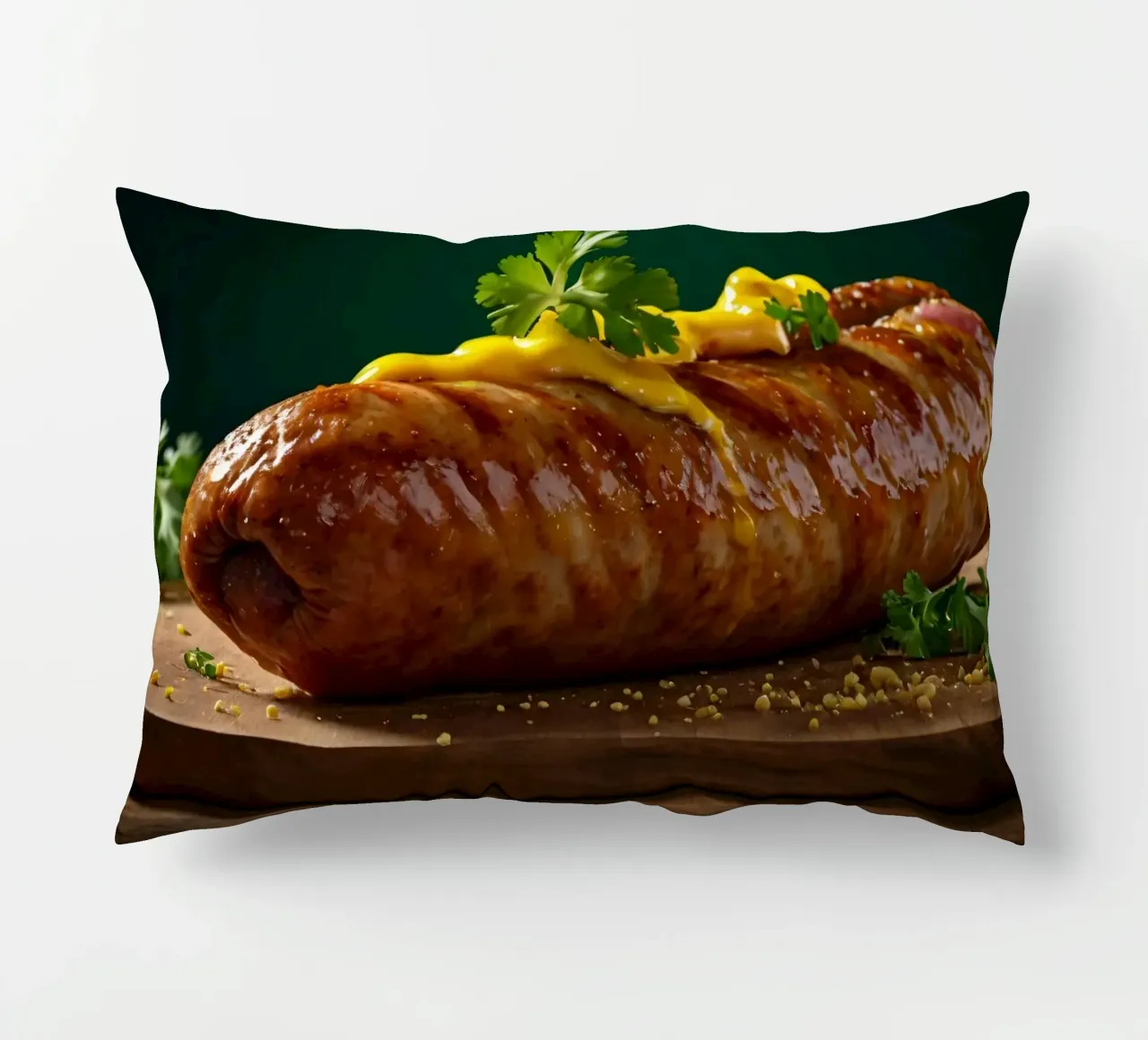 Una salsiccia succulenta condita con senape ed erbe aromatiche cuscino da DesignDoodle