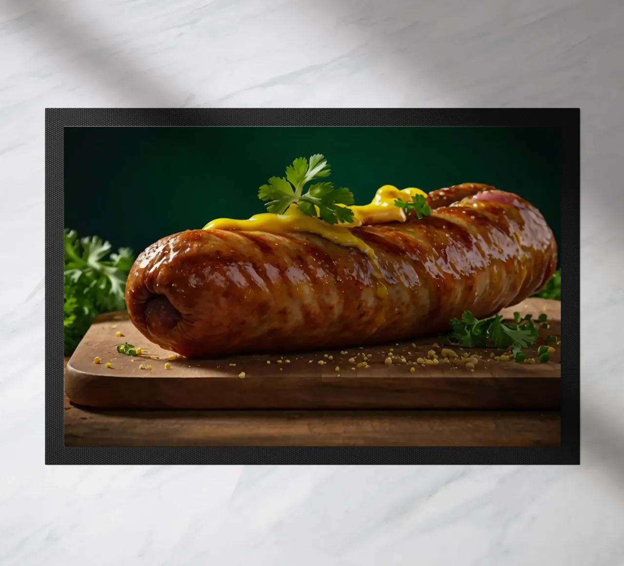 Una salsiccia succulenta condita con senape ed erbe aromatiche zerbino da DesignDoodle