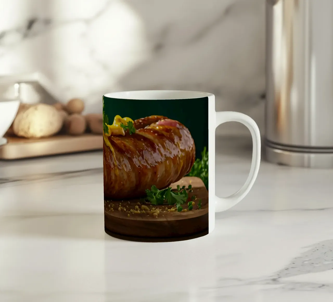 Una salsiccia succulenta condita con senape ed erbe aromatiche tazza in ceramica da DesignDoodle