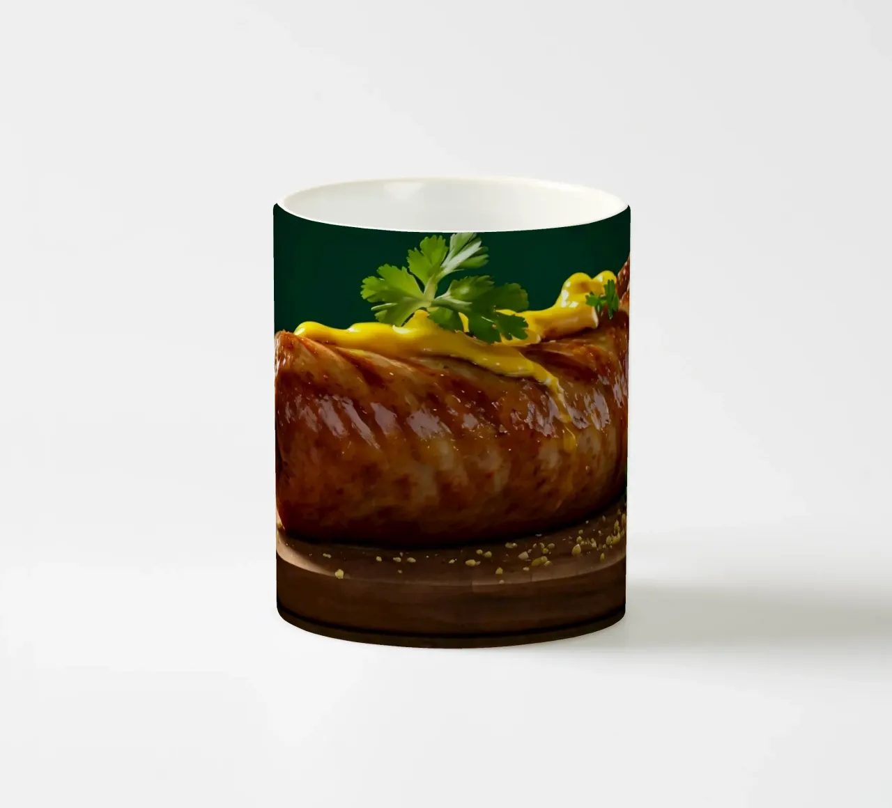 Una salsiccia succulenta condita con senape ed erbe aromatiche tazza in ceramica da DesignDoodle