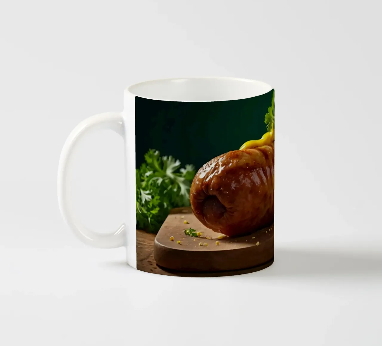 Una salsiccia succulenta condita con senape ed erbe aromatiche tazza in ceramica da DesignDoodle