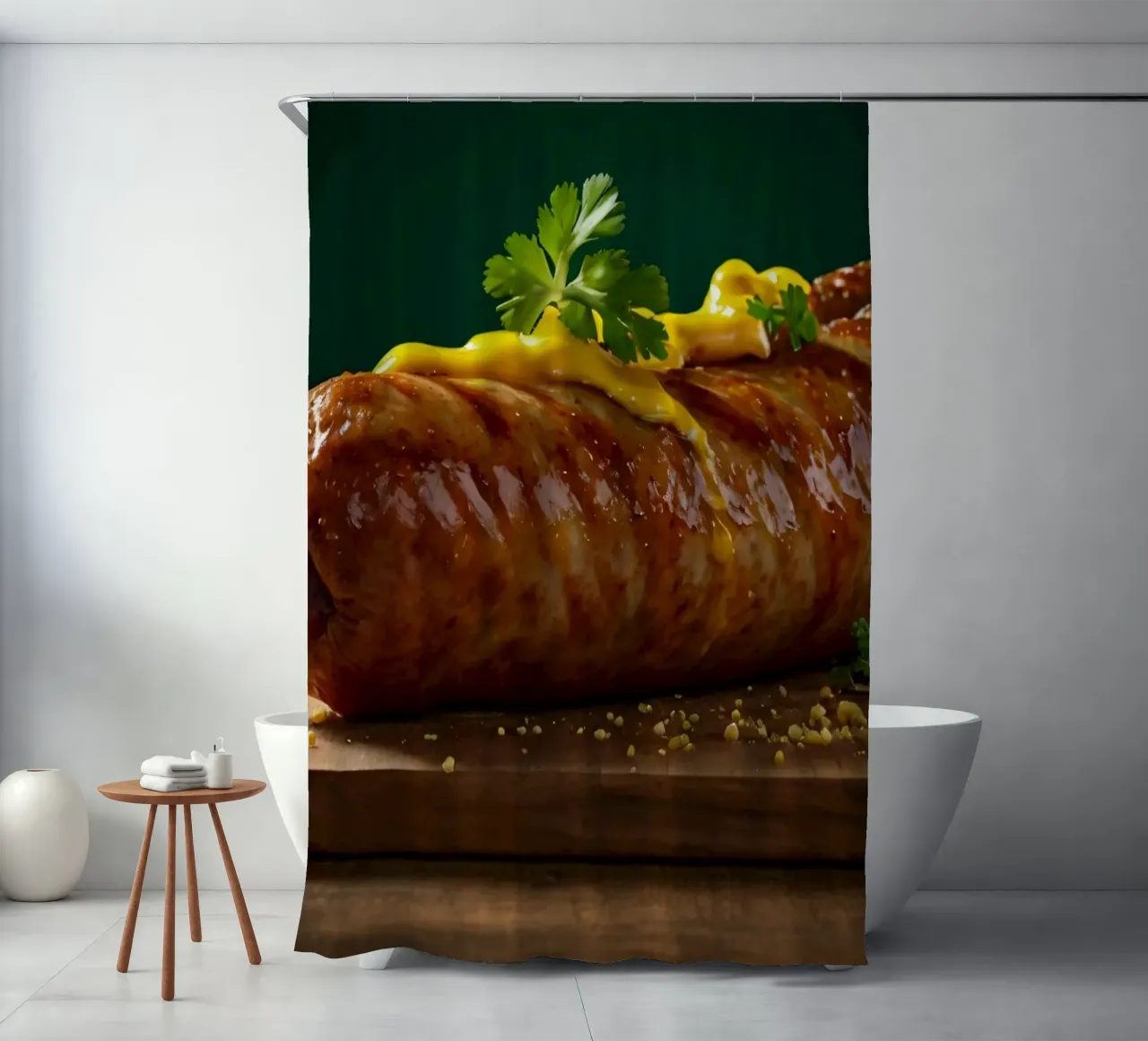 Eine saftige Wurst mit Senf und Kräutern Duschvorhang von DesignDoodle