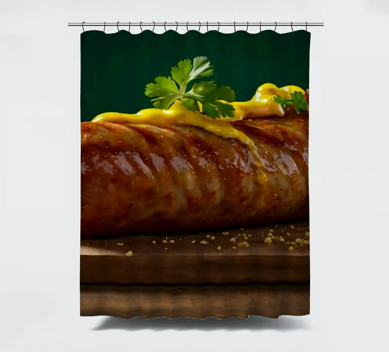 Eine saftige Wurst mit Senf und Kräutern Duschvorhang von DesignDoodle