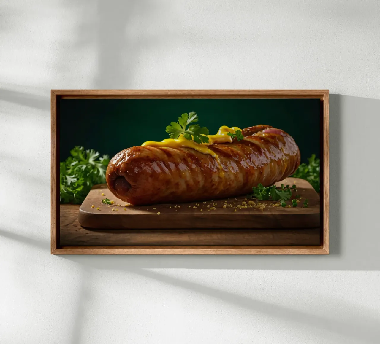 Een sappige worst met mosterd en kruiden canvas met Baklijst van DesignDoodle