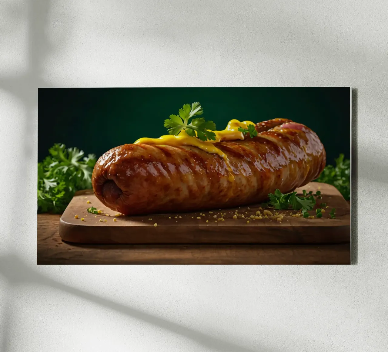 Een sappige worst met mosterd en kruiden canvas met Baklijst van DesignDoodle
