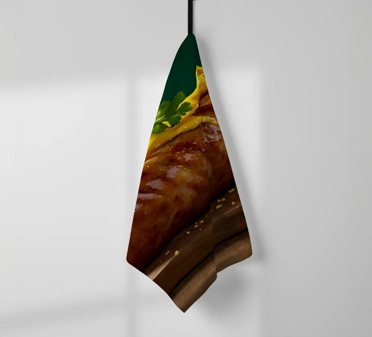 Una salsiccia succulenta condita con senape ed erbe aromatiche canovaccio da cucina da DesignDoodle