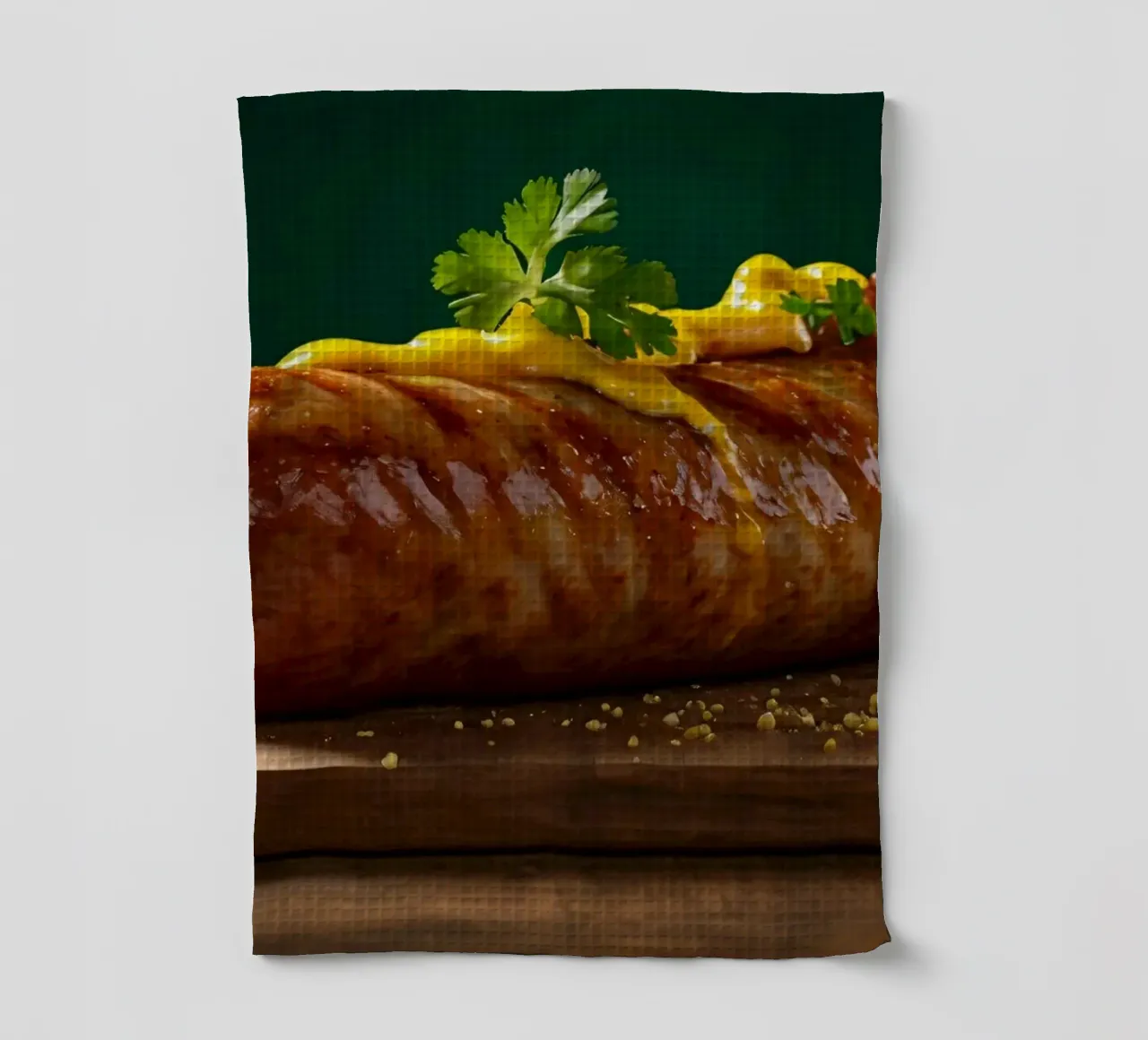 Una salsiccia succulenta condita con senape ed erbe aromatiche canovaccio da cucina da DesignDoodle