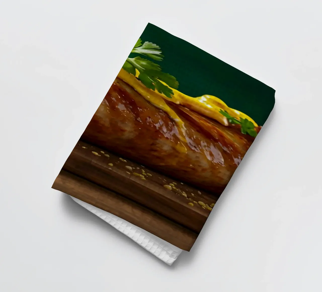 Una salsiccia succulenta condita con senape ed erbe aromatiche canovaccio da cucina da DesignDoodle