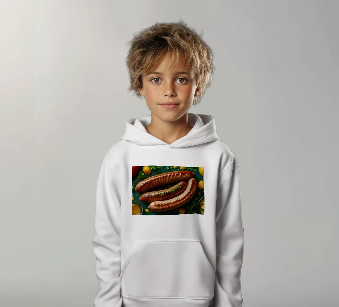 Salsicce grigliate guarnite con erbe aromatiche servite felpa bambino con cappuccio da DesignDoodle