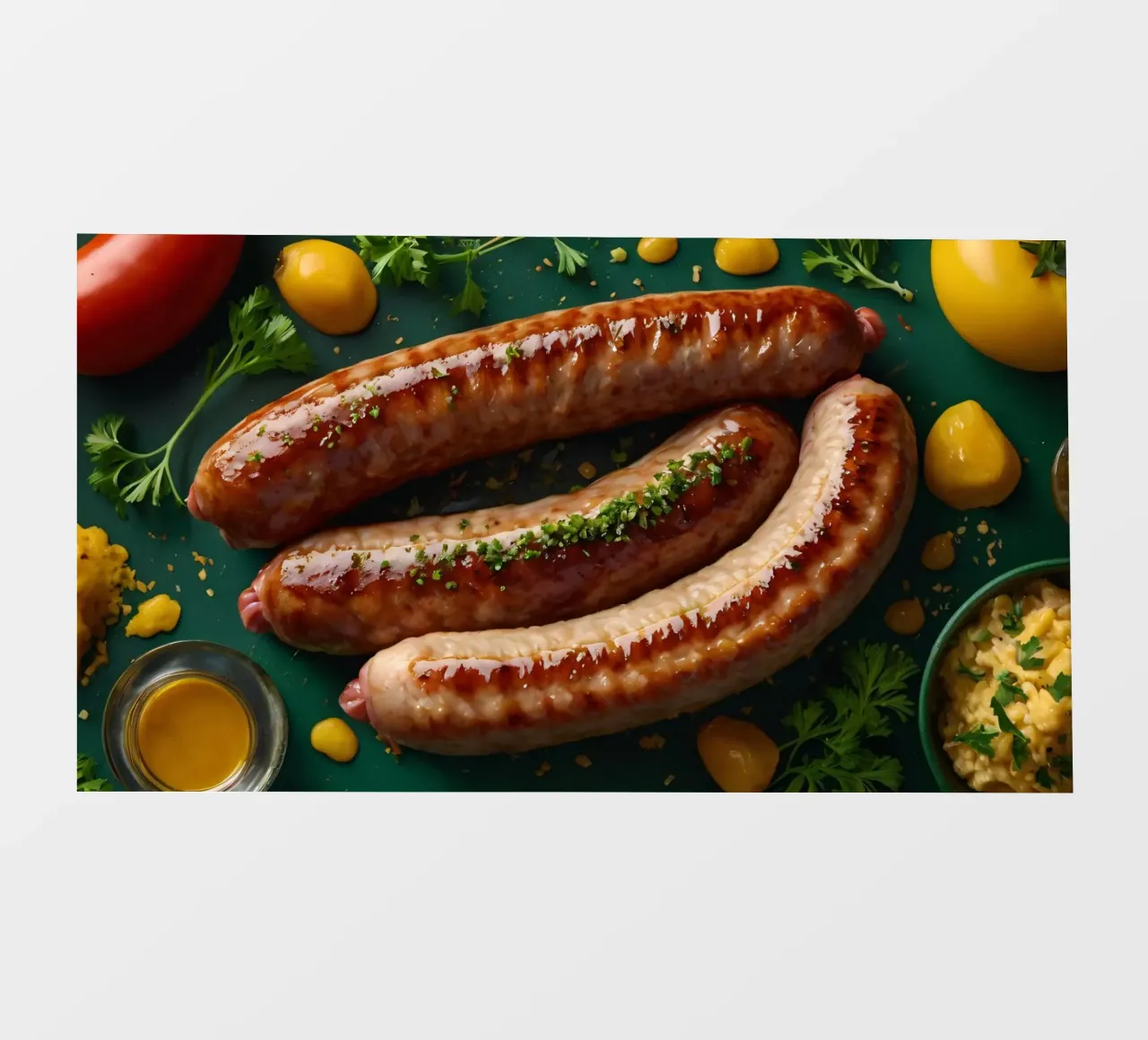 Salsicce grigliate guarnite con erbe aromatiche servite pellicola backlit da DesignDoodle