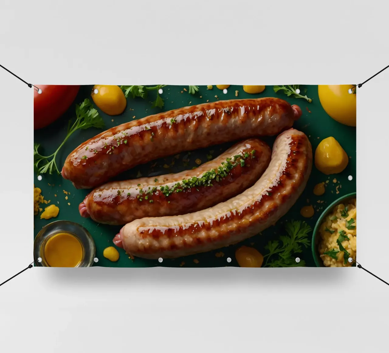 Salsicce grigliate guarnite con erbe aromatiche servite telo in pvc da DesignDoodle