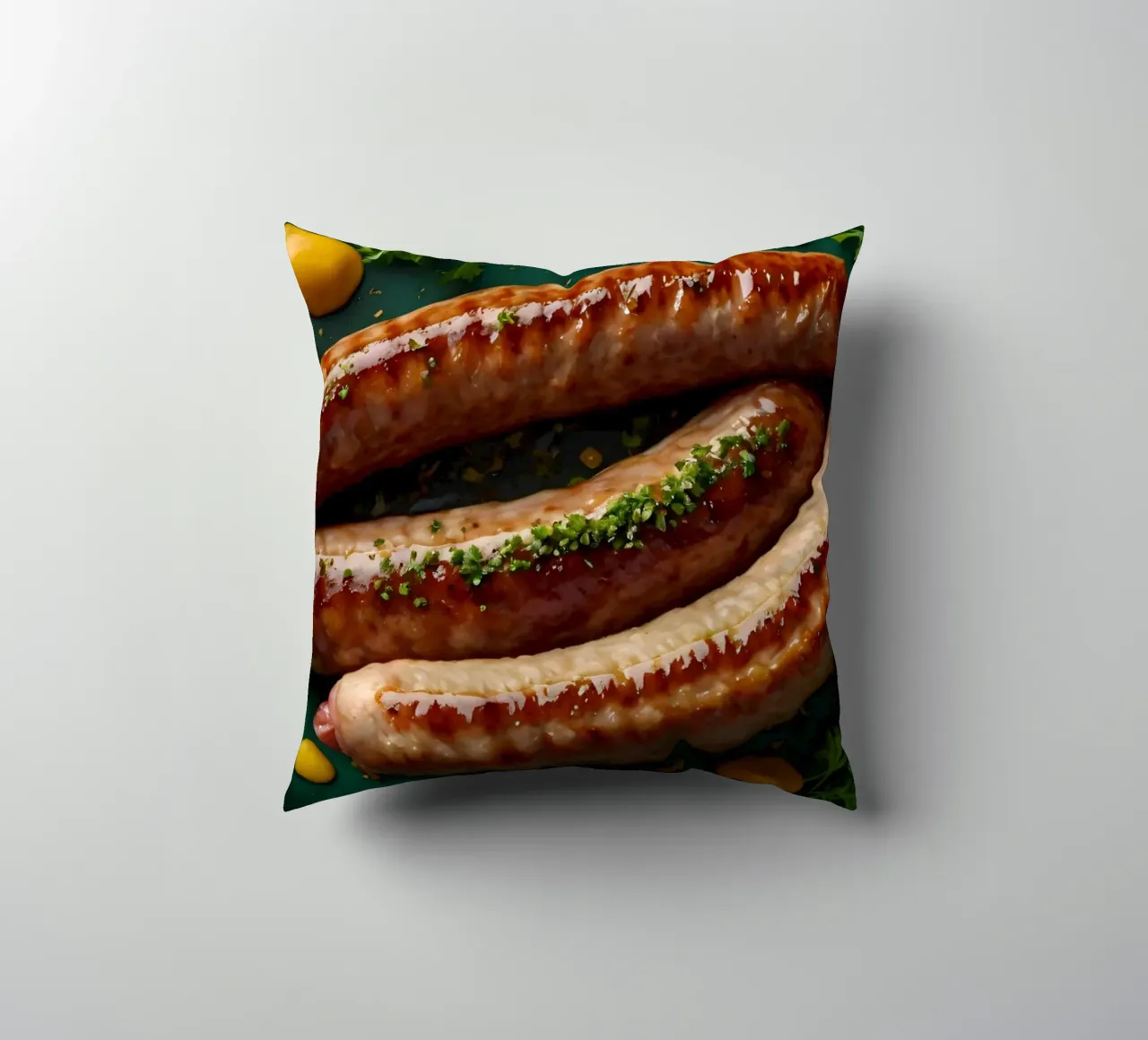 Salsicce grigliate guarnite con erbe aromatiche servite cuscino da DesignDoodle