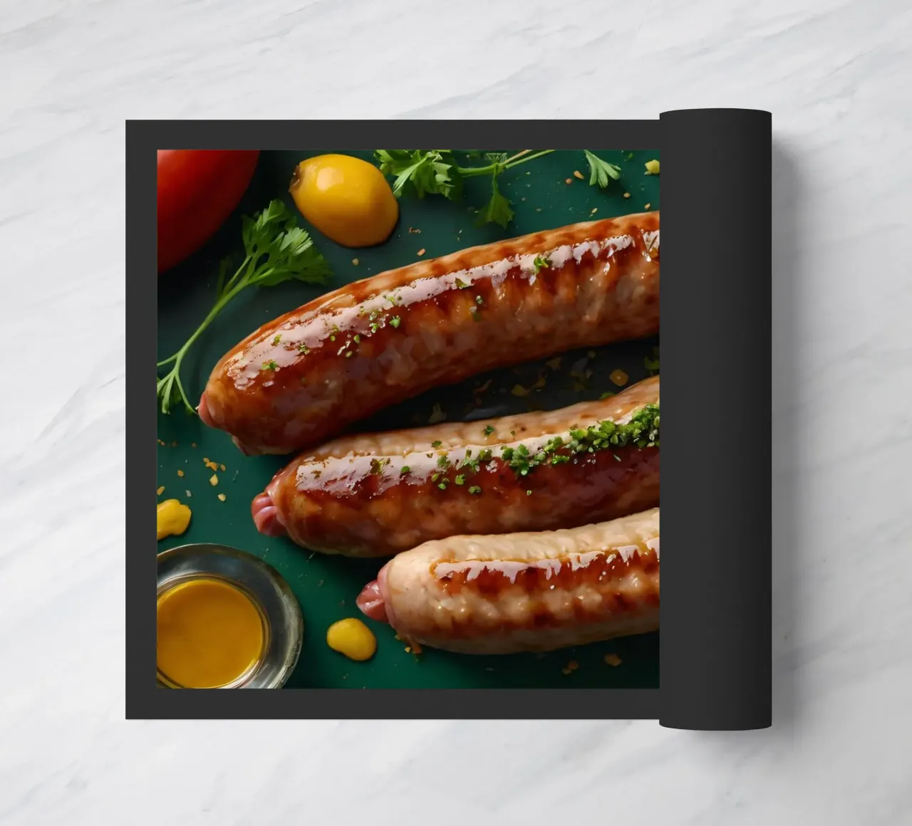 Salsicce grigliate guarnite con erbe aromatiche servite zerbino da DesignDoodle