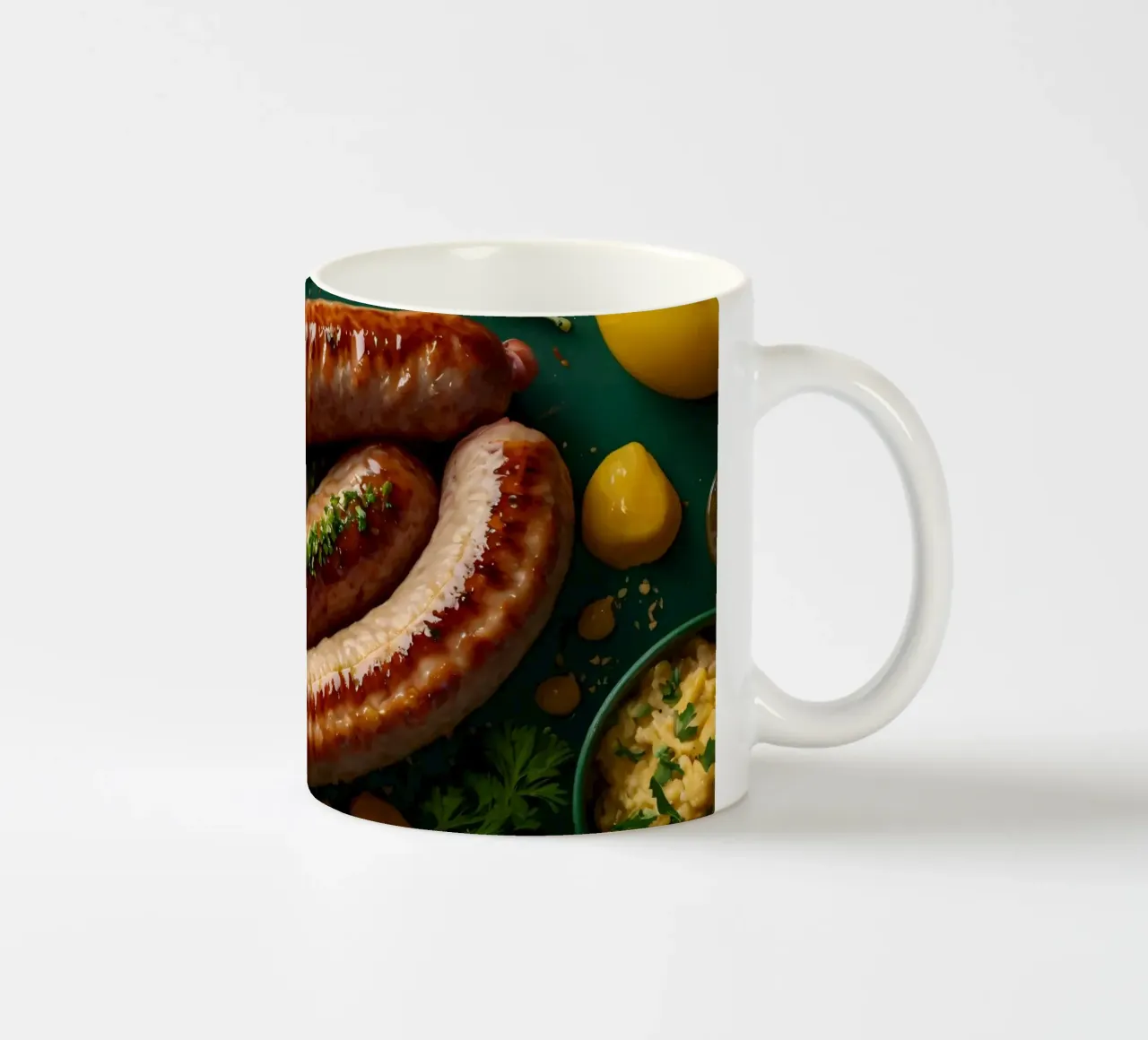 Salsicce grigliate guarnite con erbe aromatiche servite tazza in ceramica da DesignDoodle