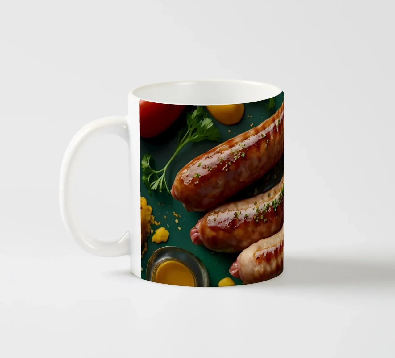 Salsicce grigliate guarnite con erbe aromatiche servite tazza in ceramica da DesignDoodle