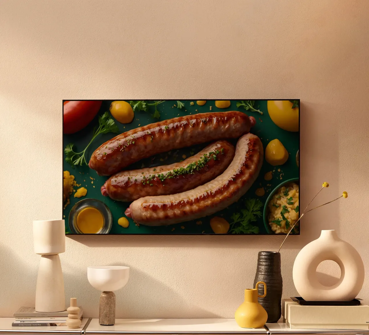 Salsicce grigliate guarnite con erbe aromatiche servite plexiglass da DesignDoodle