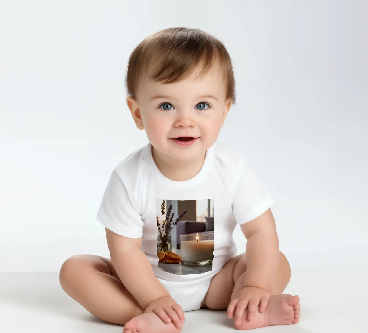 Relaxing indoor setting with a lit candle & lavender short-sleeve baby romper by DesignDoodle