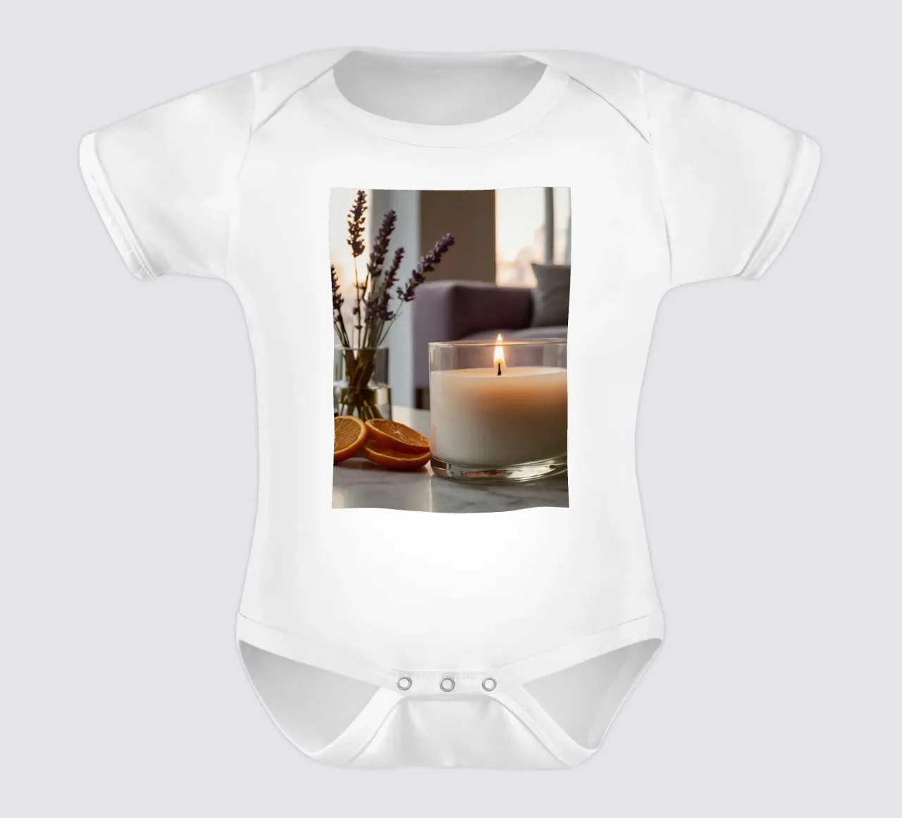 Relaxing indoor setting with a lit candle & lavender short-sleeve baby romper by DesignDoodle