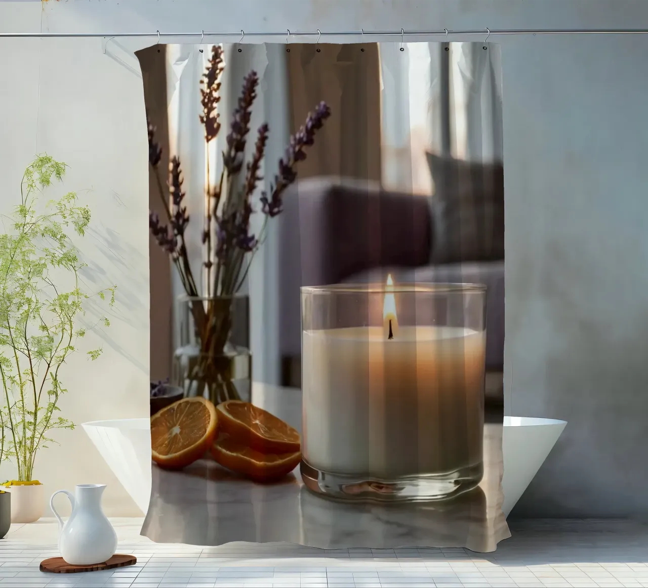 Relaxing indoor setting with a lit candle & lavender shower curtain by DesignDoodle