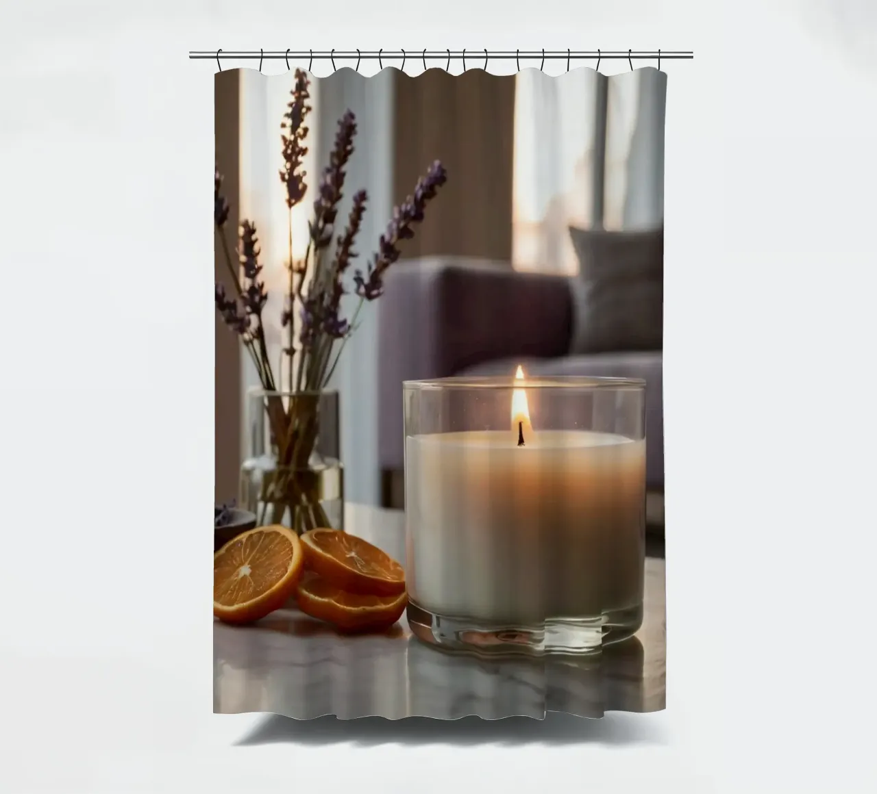 Relaxing indoor setting with a lit candle & lavender shower curtain by DesignDoodle