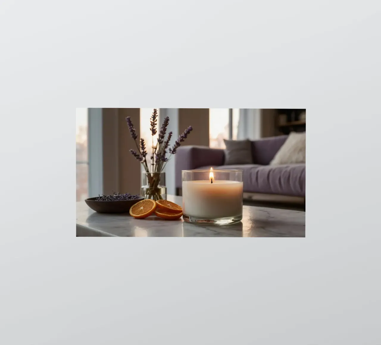 Relaxing indoor setting with a lit candle & lavender sticker by DesignDoodle