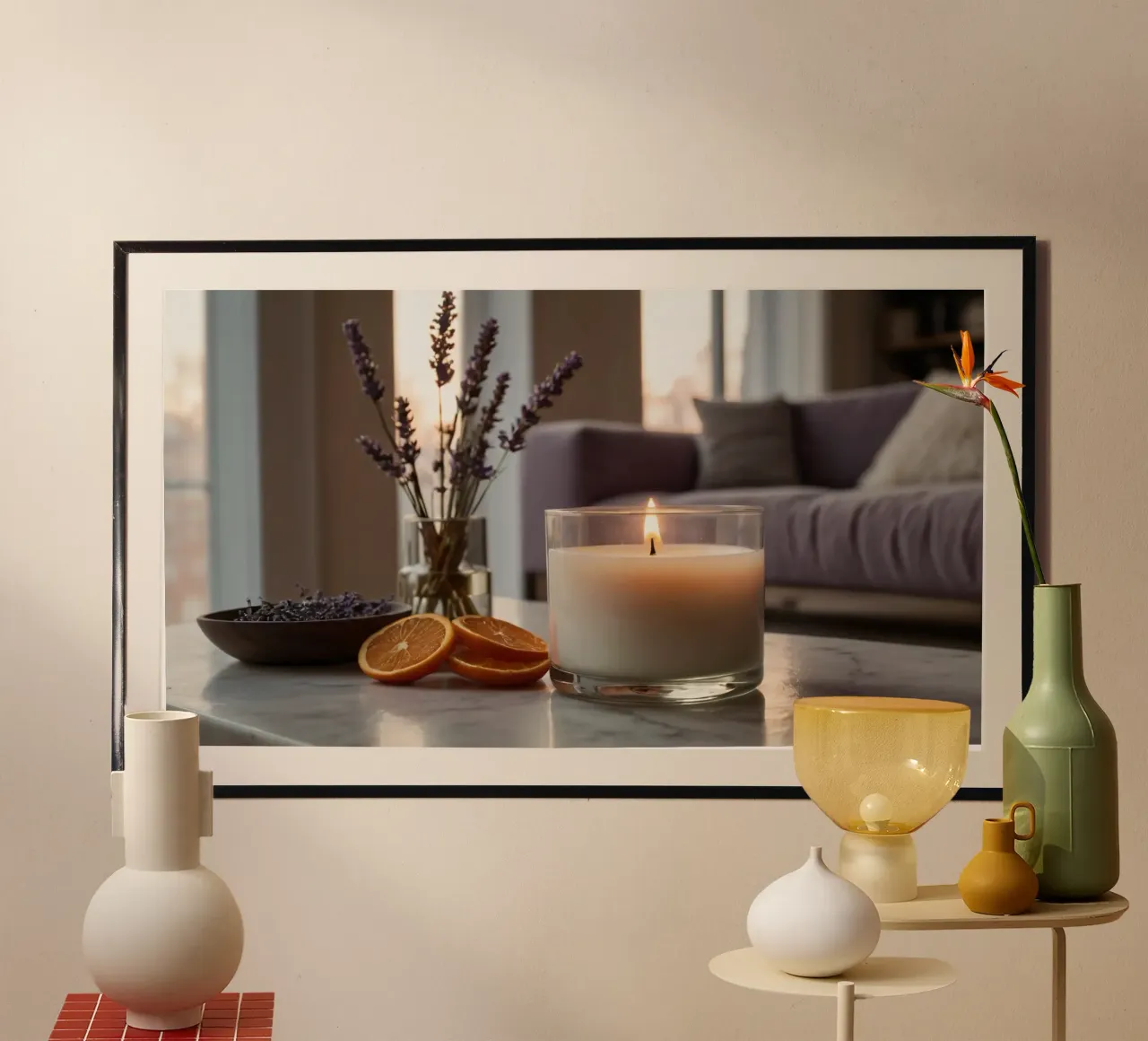 Ambiente interno rilassante con candela accesa e lavanda carta hahnemühle da DesignDoodle