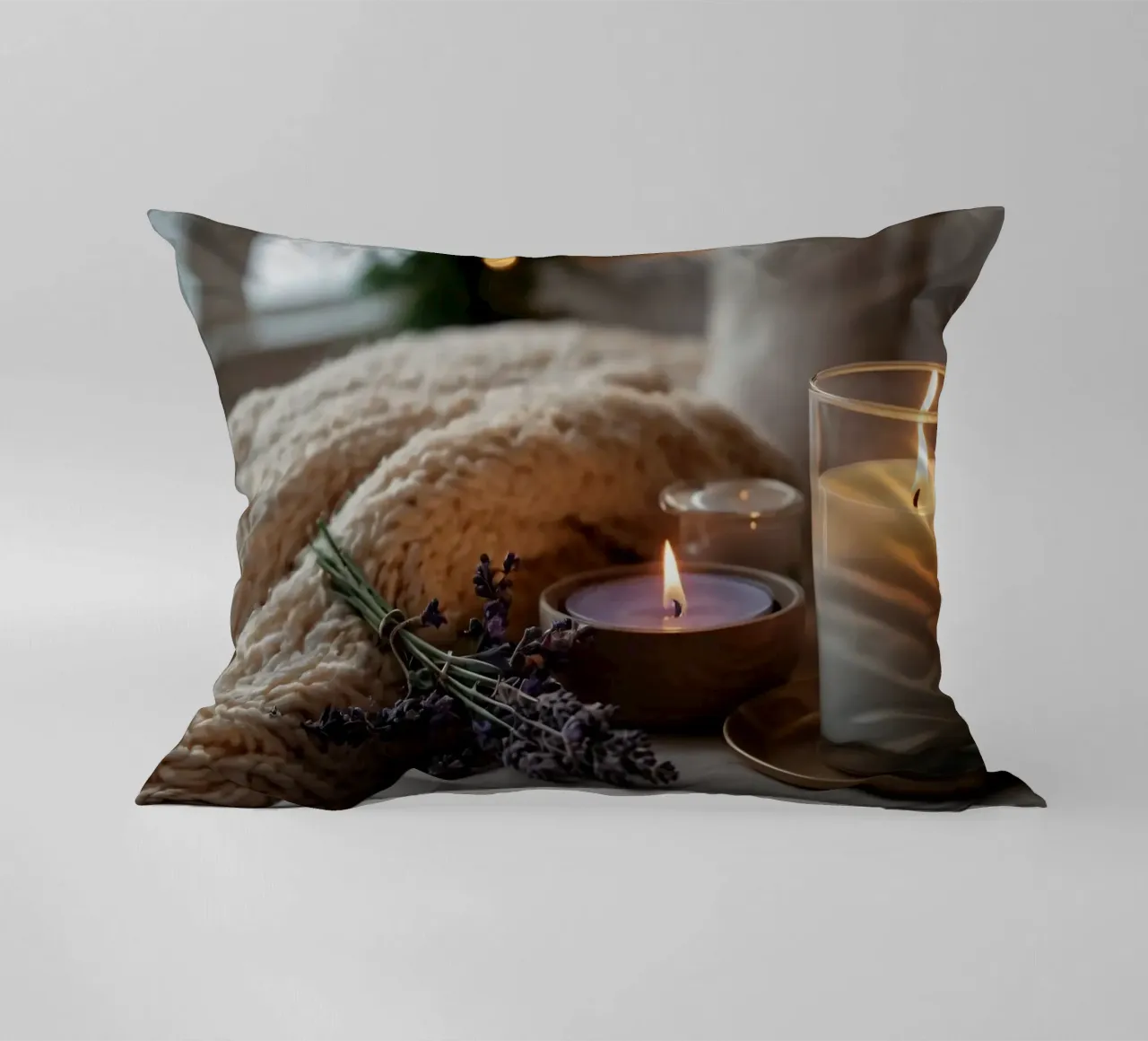 Un allestimento accogliente con candele profumate e lavanda cuscino da DesignDoodle