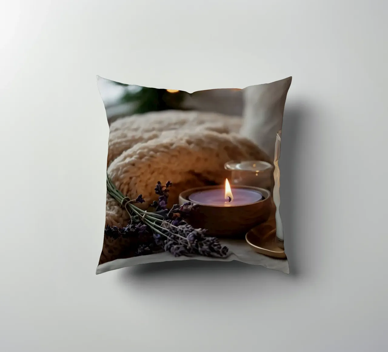 Un allestimento accogliente con candele profumate e lavanda cuscino da DesignDoodle