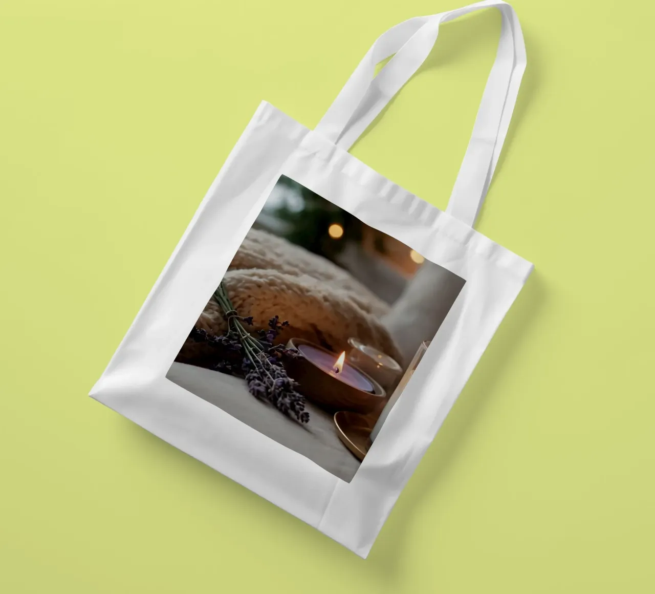Un allestimento accogliente con candele profumate e lavanda borsa in juta da DesignDoodle