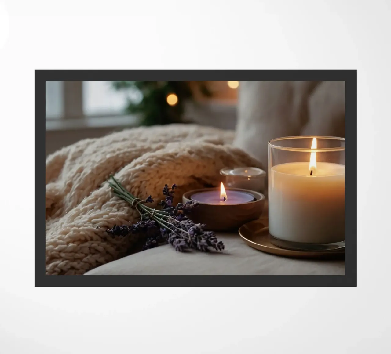 Un allestimento accogliente con candele profumate e lavanda zerbino da DesignDoodle