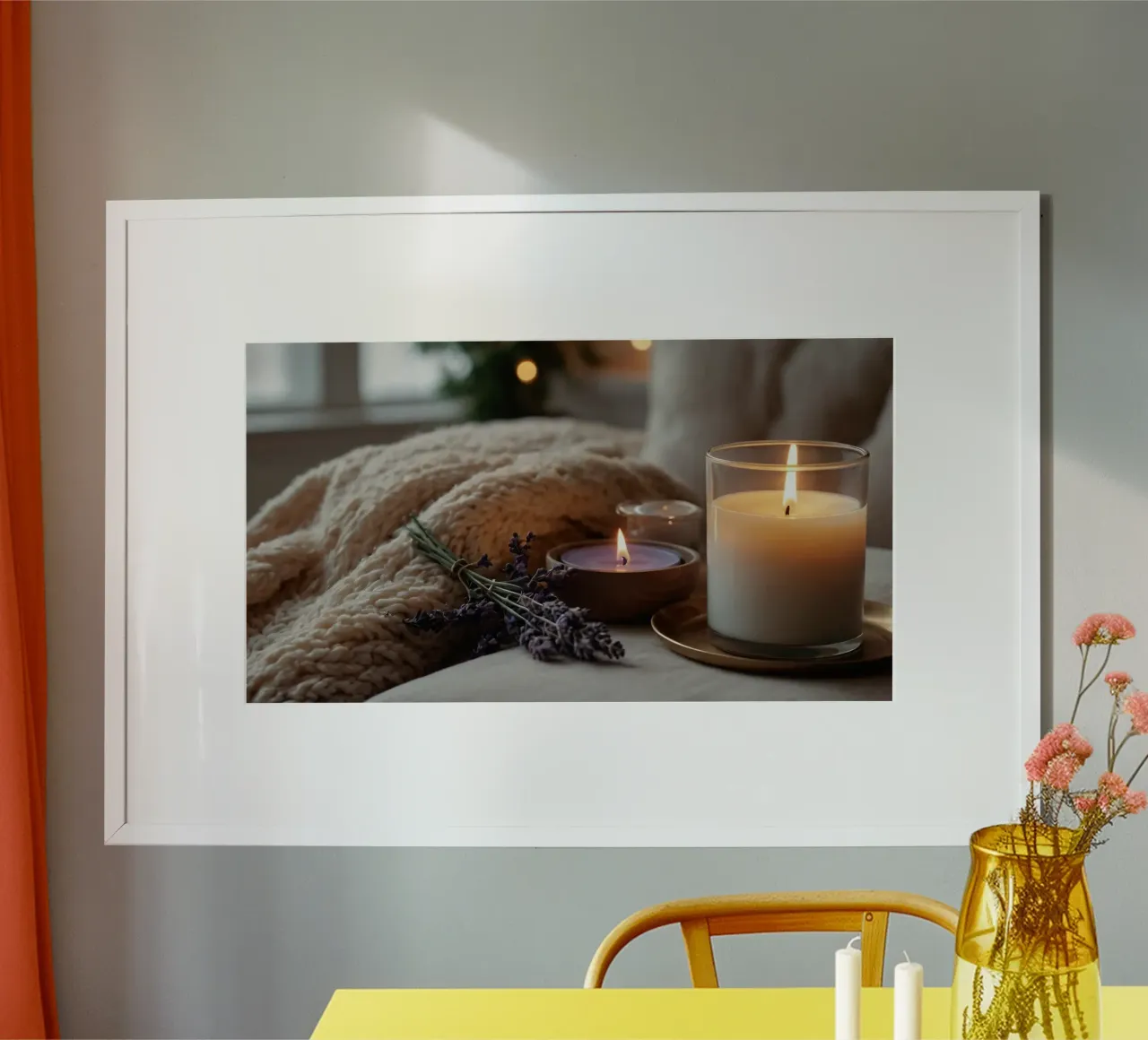 Un allestimento accogliente con candele profumate e lavanda poster con telaio in alluminio da DesignDoodle