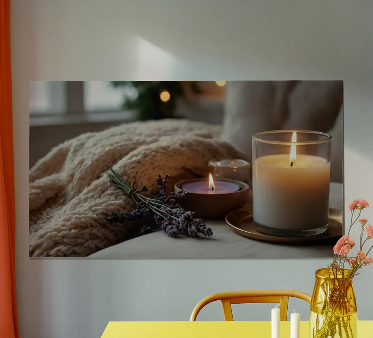 Un allestimento accogliente con candele profumate e lavanda poster con telaio in alluminio da DesignDoodle