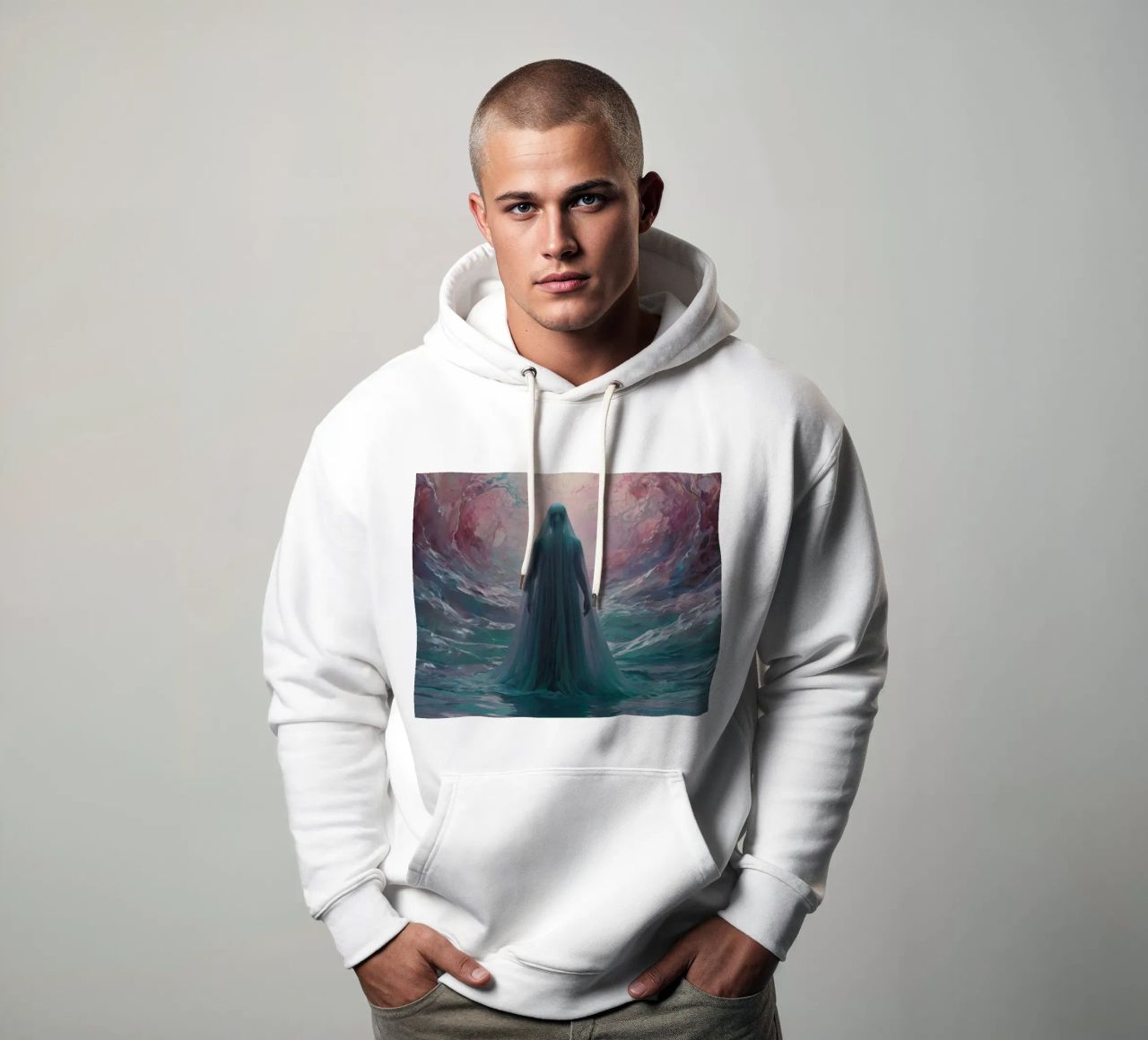 womanin flowing gown stands in calm waters sudadera con capucha de DesignDoodle