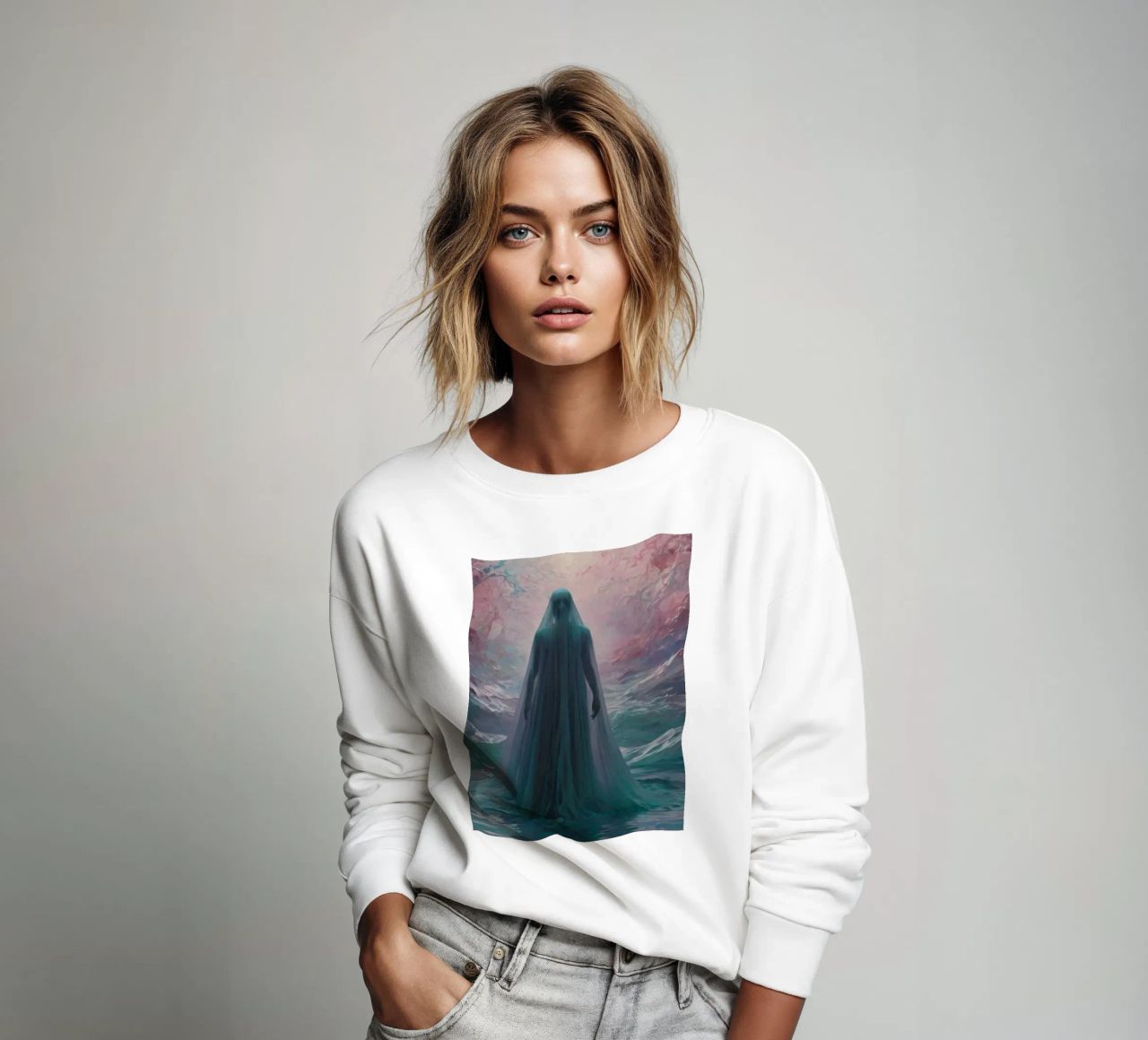 womanin flowing gown stands in calm waters sudadera de DesignDoodle