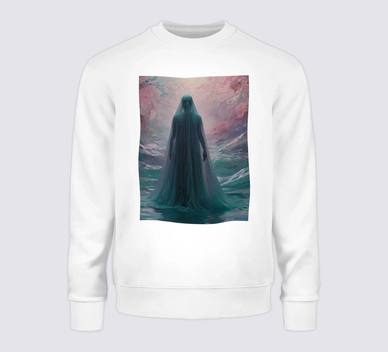 womanin flowing gown stands in calm waters sudadera de DesignDoodle