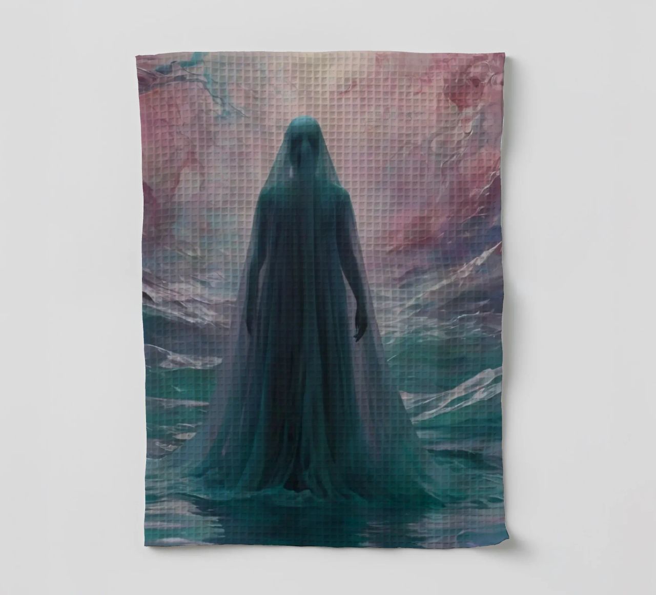 womanin flowing gown stands in calm waters torchon de DesignDoodle